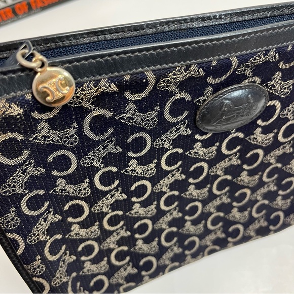 CELINE Clutch Bag C Macadam Blue Logo Carriage Cloth Nylon Leather Purse